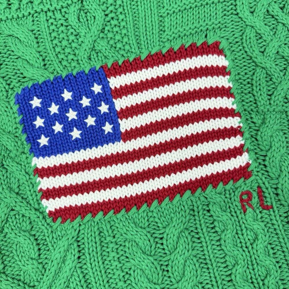 Polo Ralph Lauren Womens Aran Knit Cotton American Flag Sweater Green SZ XXL NEW - Picture 6 of 11
